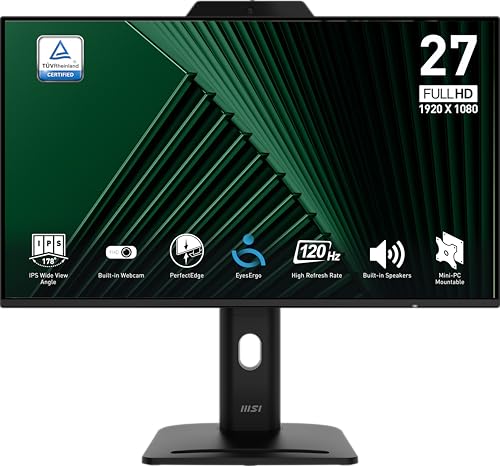 MSI PRO MP272PMG, 24-inch IPS 1920 x 1080 (FHD) Computer Monitor, 120Hz, Webcam, Adaptive-Synch, EPEAT Silver, HDMI, DisplayPort, VGA Port, VESA Mountable, Tilt, Height Adjustable, Speaker, 1ms, Black