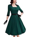 MUXXN Women's 50s Retro Casual Swing Midi Dress 3/4 Sleeve Square A Line Neck Vintage Cocktail Wedding Guest Bodycon Prom Dark Green S