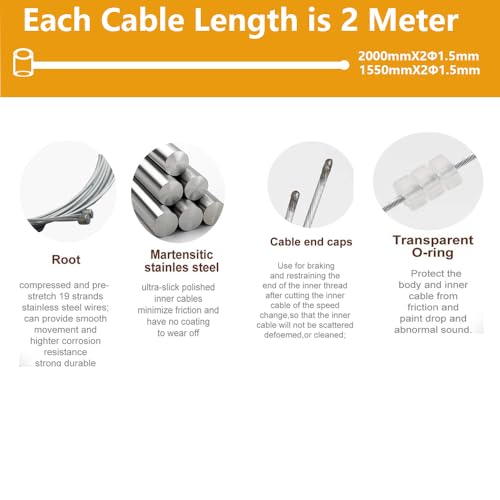4PCS Bike Shift Cable Kit (Excluding Brake Cables) - 2.1M Stainless Steel Derailleur Gear Wire for Mountain Road Bicycle, with 4 End Caps and 4 Ferrules - Thumbnail 2