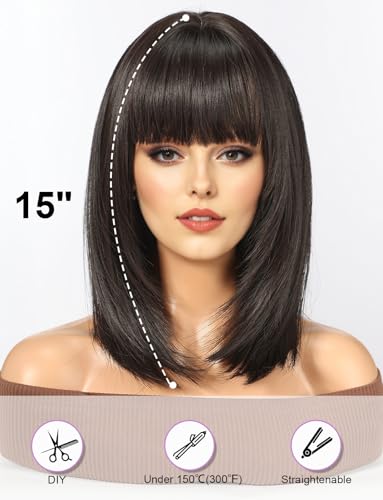 WOKESTAR Staright Wig with Fringe Synthetic Mid-length Layered Wigs for Women Natural Black Color, 22 inches - Image 3