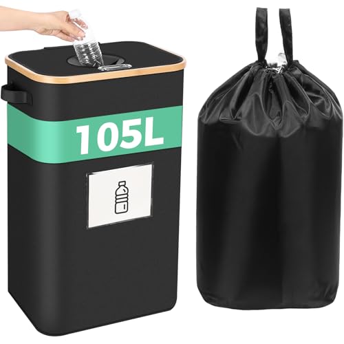OUSFOT Recolector de Botellas con Tapa, 105L Contenedor Recogebotellas con Bolsa Interior de Cordón Ajustable Para Recoger Botellas de agua Mineral Vacías,Botellas de Vidrio, Botellas de Plástico