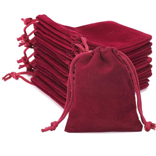 G2PLUS Red Velvet Jewelry Pouches, 20PCS Small Velvet Gift Bags with Drawstring, Wine Red Christmas Gift Bags for Wedding Favors, Candy Bag, Party Favors (2.75''x3.54'')