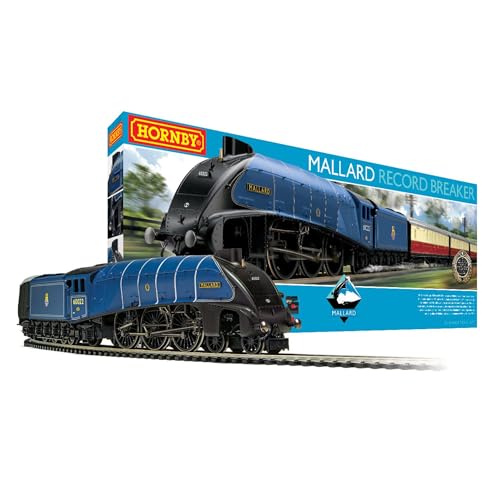 Image of Hornby Electric Train Set - R1282T Mallard Record Breaker LNER - OO Gauge | Train Starter Sets, Adult Vintage Trains, Small Hobby Model for Adults - with Tracks, MidiMat, Connecting Track, Controller