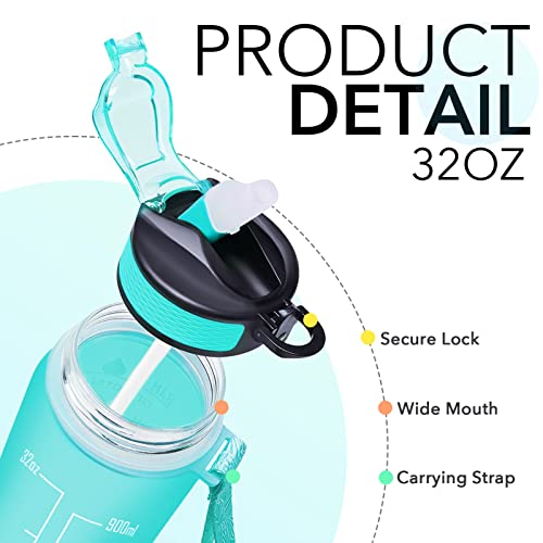 Image of Hyeta 32 Oz Water Bottle with Times to Drink and Straw, Motivational Time Marker Sports Bottle, Leakproof & BPA Free, 1 Liter Reusable for Fitness, Gym & Outdoor Activities, Green-Purple