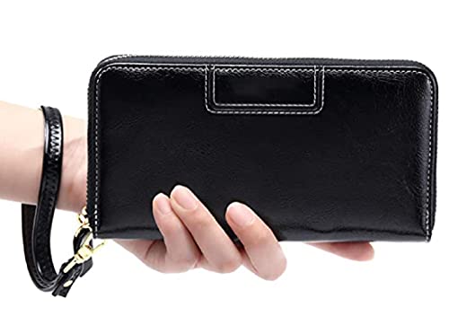 Women's Leather Wristlet Wallet with RFID Protection | Handcrafted Clutch Organizer | Stylish Large Capacity Zipper Purse (Black)2