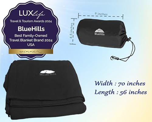 Image of BlueHills Ultra Compact Travel Blanket 2 Pack Large Soft Cozy Portable Blanket Sheet with Carry Case and for Flight Airplane Car Layover Camping Hotel C203-2PK-Black