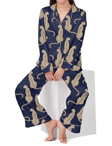 Image of SHESHOW Satin Pajamas Set for Women Set Long Sleeve Button Down Pjs Sets 2 Piece Loungewear Animal Sleepwear XS-XXL