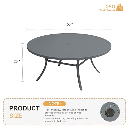 Image of VICLLAX 63 inch Outdoor Round Patio Table with Umbrella Hole, All Weather Metal Round Outdoor Dining Table for Lawn Garden, 8-10 Person Table, Grey