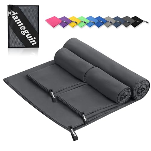 damoguin 3er-Set Mikrofaser Handtuch, Groß (180*80cm) & 2 Stück Klein (80*40cm) Schnelltrocknende Microfaser Fitness Handtücher, als Sporthandtuch, Strandtuch, Badetuch und Reisehandtuch (Dunkelgrau)