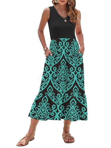 Image of AUSELILY Womens Summer Maxi Dress Casual Sleeveless V Neck Floral Dresses | A line shape with practical side pockets, Vacation dress for resort walks, Pair with low heels and simple jewelry
