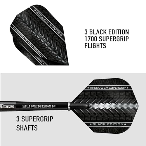 Harrows SUPERGRIP BLACK EDITION z końcówką ze stali wolframowej 90%. Dostępne w gramaturach 21 g, 22 g, 23 g, 24 g, 25 g, 26 g, 28 g i 30 g — zawiera trzonki Supergrip i lotki Supergrip (22g)