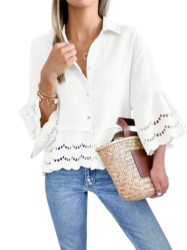 Cicy Bell Womens 3/4 Bell Sleeve Button Down Shirts Casual Ruffle Hem Tops Eyelet Blouse3