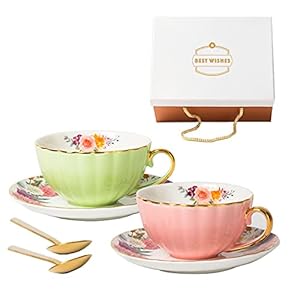 4 Pieces Porcelain Tea Set Coffee Cup Spoon and Saucer Set Coffee Cups Set Vintage Cappuccino Mugs Gift for Family or Friends, 200ml,B (B)
