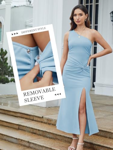 Image of Women One Shoulder Dress Sleeveless Elegant Split Bodycon Mermaid Ruched Wedding Guest Cocktail Evening Long Dresses