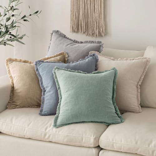 Image of MIULEE Linen Fringe Decorative Lumbar Throw Pillow Covers Aqua Green 12x20