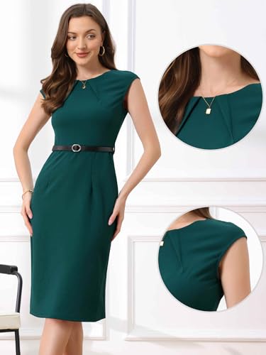Image of Allegra K Business Dress for Women's Work Elegant 2026 Cap Sleeve Belted Office Sheath Dresses