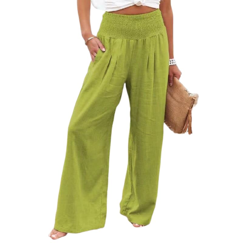 Women's Summer High Waisted Pants Cotton and Linen Wide-Leg Casual High Waist Palace Pants Loose Beach Pants Pocket