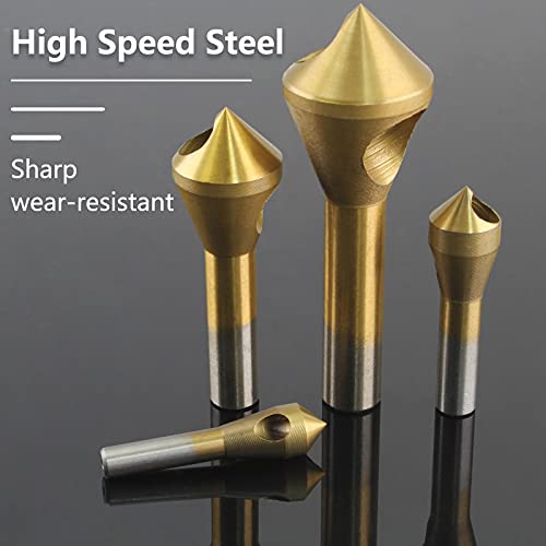 Bonsicoky 4PCS Titanium Coated Countersink Chamfer Deburring Tool Set, High Speed Steel Hole Deburring Tool, Metal Wood Drill Bits for Wood, PVC Board, Aluminum, Insulation Board