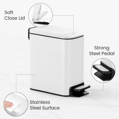 Image of TIPGO Small Bathroom Trash Can with Lid, 1.6 Gal, Soft Close, White | Stainless Steel, 5.9'' Slim for Narrow Space, Foot Pedal, Soft Quiet Lid, Anti-fingerprint, Removable Inner Bucket, Odor Seal