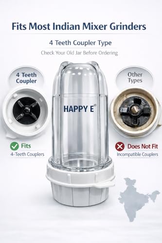 Image of HAPPY E Premium Transparent Bullet Jars | BPA-Free Heavy Duty Polycarbonate | Leakproof | 304 SS Blades | Fits 2-Lock Mixer Grinders (4 Teeth Coupler) - Prestige, Bajaj, Preethi, Sumeet (500+300 ml)