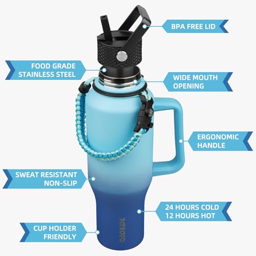 Image of BJPKPK 40oz Insulated Water Bottle with Handle & Straw Lid, Stainless Steel | Vacuum Insulated with Straw Lid & Spout Lid, Paracord Strap, Keep Cold & Hot, Leak-Proof, BPA-Free, for Gym, Hiking, Travel