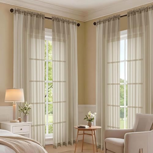 Image of OVZME Taupe Bedroom Curtains 2 Panel Sets 96 Inch Length, 59 Inch Extra Wide Light Filtering Voile Drapes Light Airy Window Drapes for Patio Door Living Room Bedroom Dining, 59Wx96L Inches