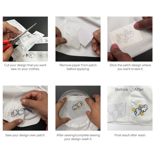 Image of Embroiderymaterial Stick and Stitch Embroidery Patches Patterns, Water Soluble Wash Away Embroidery Transfer Stabilizer Paper with Pre-Printed Designs, Threads, Needle & Cutter for Sewing