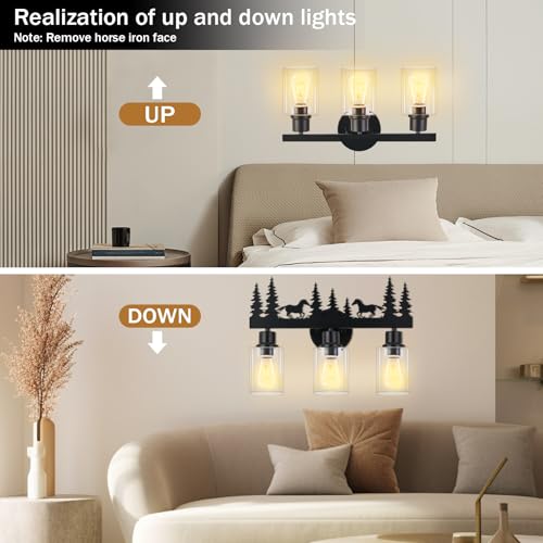 Image of Rustic Bathroom Light Fixtures,Farmhouse Vanity Light,Horse Style | 3-light Clear Glass lamp,Farmhouse rustic style, Black Wall Lighting for Bathroom,Hallway,Kitchen,Porchn