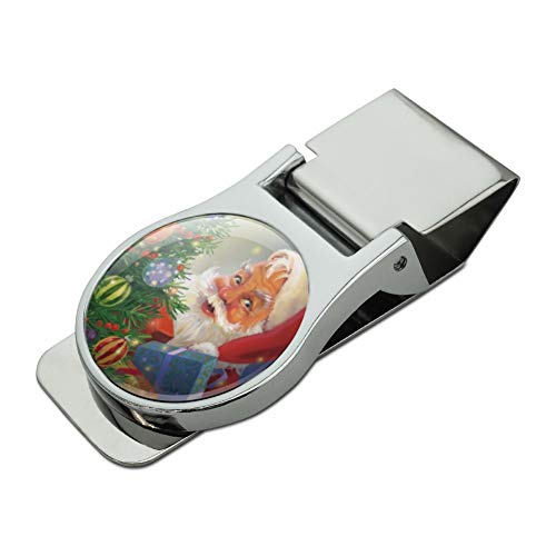 GRAPHICS & MORE Christmas Holiday Santa Behind the Tree Satin Chrome Plated Metal Money Clip