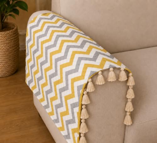 Image of Velvet Quilted Sofa Armrest Covers (Pack of 2) | Yellow Zigzag | Anti-Slip Soft Washable Arm Covers with Tassels | 24 x 27 Inches (Half)