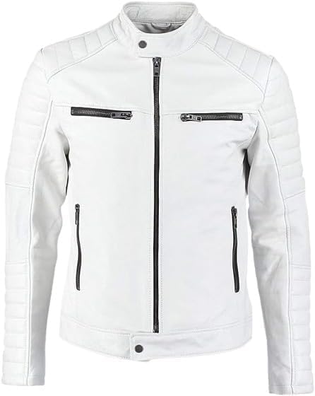 Cafe Racer Men's White Leather Jacket | White Real Leather Jacket For Men
