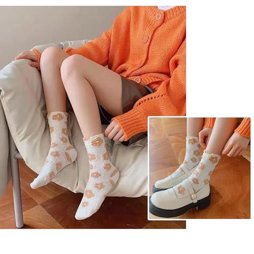 Mid Tube Crew Socks with Lace Ruffled Cuffs Delicate Embroidered Floral and Ruffle Designs Assorted Colors Pack of 5 Suitable for Women's Size 5-104
