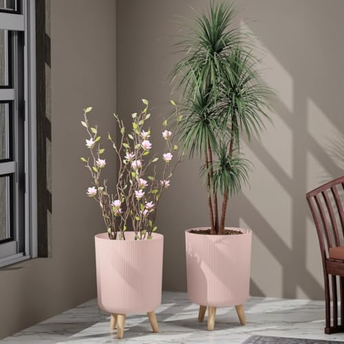 Image of StyleX Store Modern Flower Pot with Plastic Legs | Indoor Outdoor Planter for Home Garden Balcony Decor Ribbed Design Sturdy Plastic Mid-Century Style (Blush Pink Pack of 2)