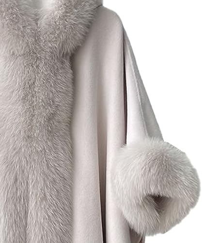 Sexyshine Women's Faux Fur Hooded Cloak Poncho Coat Batwing Sleeve Tassel Hem Oversized Woolen Shawl Wrap Cape Jacket3