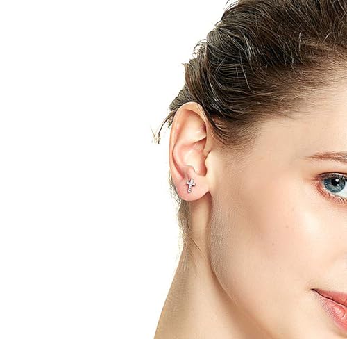 Women's Silver White Gold Plated Tiny Cross Stud Earrings with Cubic Zirconia - Mini CZ Crystal Jewelry — view 6
