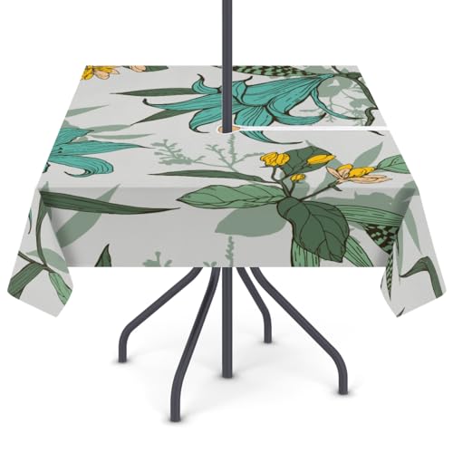 Green Flowers Outdoor Tablecloth with Umbrella Hole and Zipper, 60 x 60 Inch, Vintage Rectangle Waterproof Table Cloth Washable Table Cover for Patio Garden Party Picnic