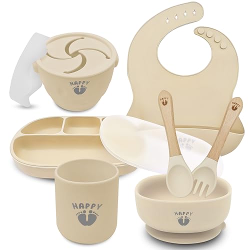 Image of Dingas Direct - Happy Feet 9 Piece Feeding Supplies, Silicone Baby Led Weaning Set and Dishes, Quality Suction Bowls and Plates (Cream)