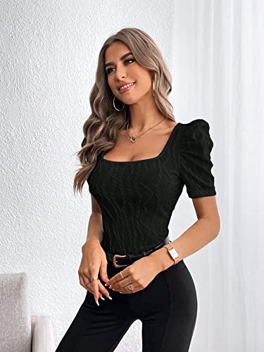 GORGLITTER Women's Puff Short Sleeve Square Neck Top Textured Knitted T Shirt Going Out Tops4