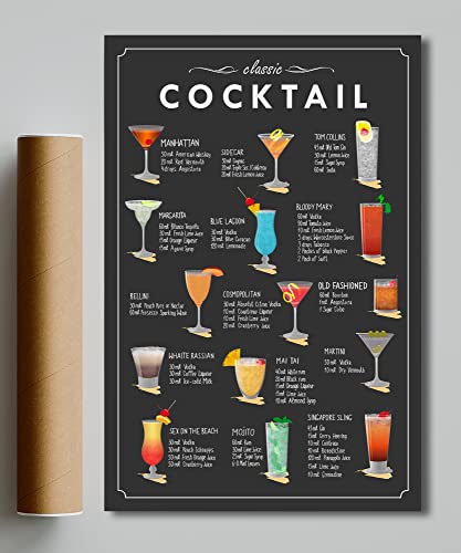 16X24 Inch - Classic Cocktail Poster; Cocktail Mixology Recipe Wall Art; Guide Menu Cocktail Print For Alcohol Bar; Kitchen Home; Drink Alcoholic; Pub Restaurant; Bar Accessories Decor (Unframed) #TOP1