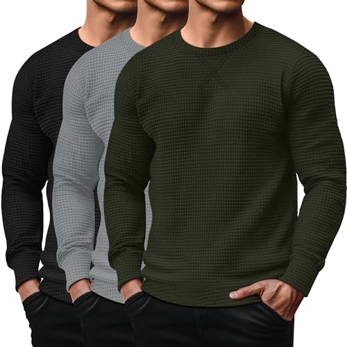 August Alley 3 Pack Men's Waffle Long Sleeve Shirts, Crew