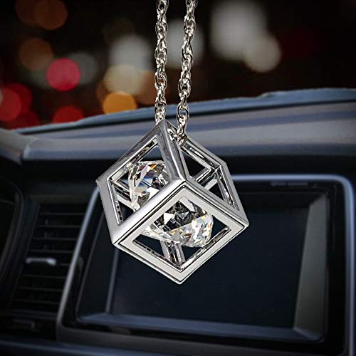 Bling Car Decor Clear Diamond Cube Rear View Mirror Charms, Floating Crystal Car
