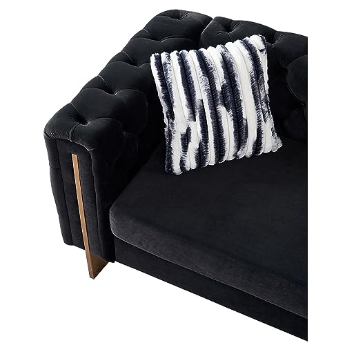 Image of KEIKI 84 inch Chesterfield Velvet Tufted Button Sofa with Removable Cushions and 2 Toss Pillows, Modern 3-Seater Couch with 4 Gold Metal Legs, Easy Assembly, for Living Room, Bedroom, Apartment, Black