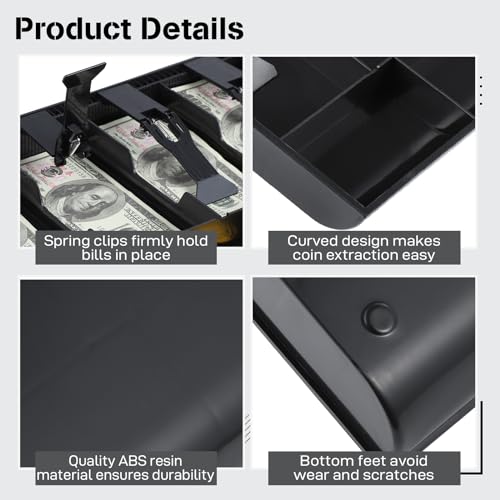 Cash Tray Cash Register Drawer Insert Tray,5 Bill & 4 Coin Compartments, Durable ABS Money Storage Case, Spring Clip Money Organizer for Banks Supermarkets Stores
