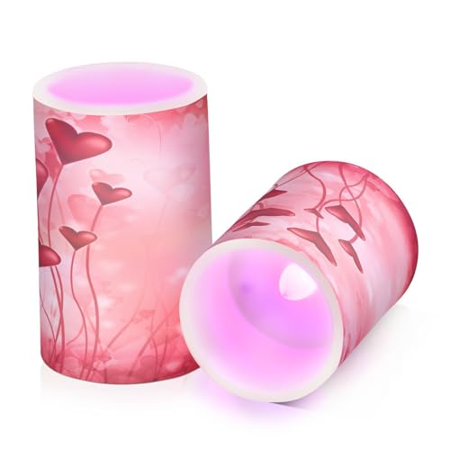 ALAZA Valentines Day Pink Hearts Flickering Flameless Candles Battery Operated with Remote Timer,Tea Light Candles LED Pillar Votive Candles Set of 2 for Outdoor Indoor Decorations