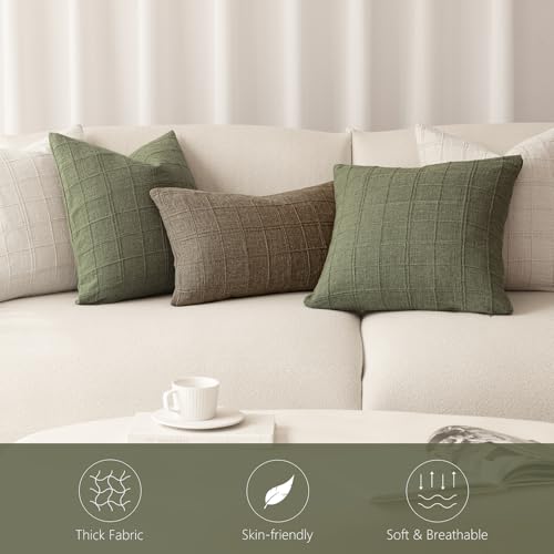 Image of Foindtower Boho Linen Check Decorative Throw Pillow Covers 24x24 Sage Green | Set of 2 Neutral Farmhouse Textured Cushion Cover,Modern Plaid Home Decor,Soft Cover for Sofa Chair Couch Bedroom Living Room