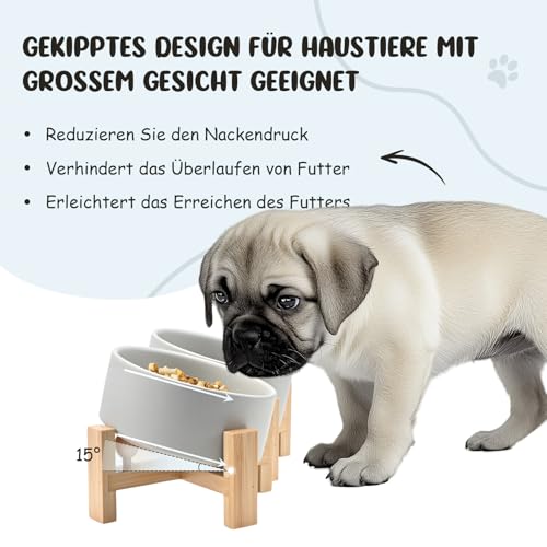 SPUNKYJUNKY 15° Kippbare Keramik Hundenapf mit Holzständer Futter und Wassernapf rutschfest für Hunde und Katzen mit Flachen Gesichtern Kleinen und Mittelgroßen Hunden (400ml × 2, Grau)