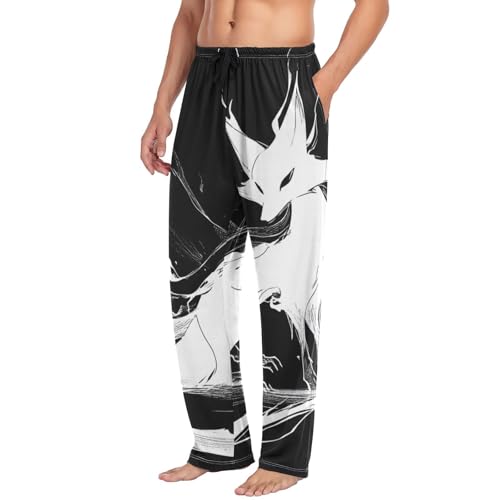 Men's Pajama Pants Fox Black White Print Lounge Pants with Pocket Drawstring S4
