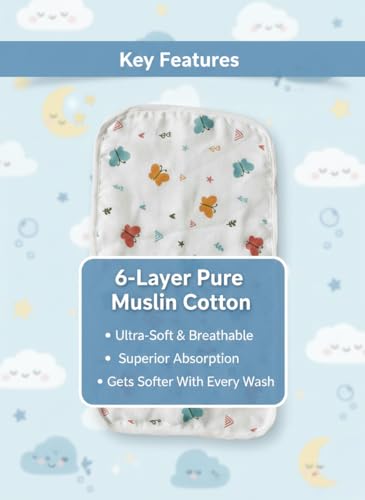 Image of HANUSH 6-Layer Pure Muslin Cotton Baby Burp Towels (50x25cm) Ultra Soft & Absorbent Shoulder Burp Cloths for Newborn Babies & Toddlers, Smooth Finished Edges (Premium Muslin Baby Burp Towel)