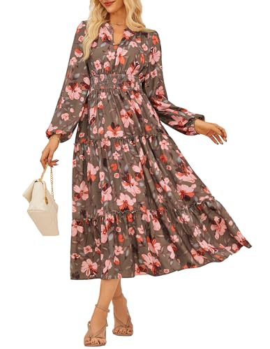 Damen Vintage Langarm Kleid Elegant Maxikleid V-Ausschnitt A-Linie Blusenkleid Winterkleid Rosa-Orange Blumen S