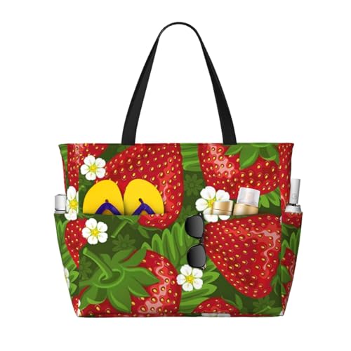 Sac de plage sac à bandoulière pour femme motifs fraise et fleur pour des vacances inoubliables